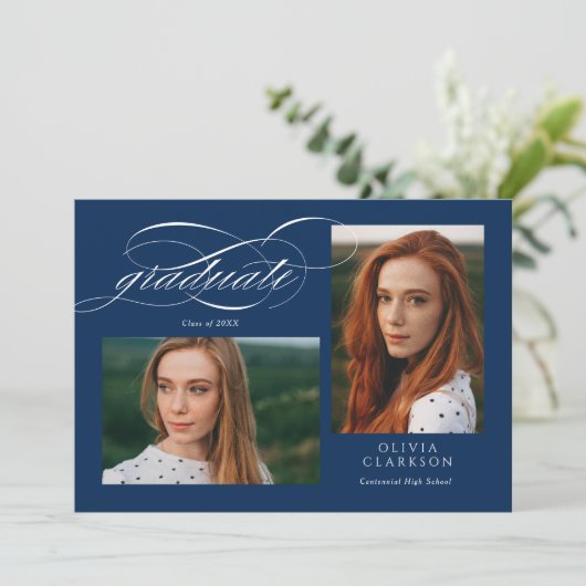 Blue Script QR Code 3 Foto Graduation Party Einladung (Stehend Vorderseite)