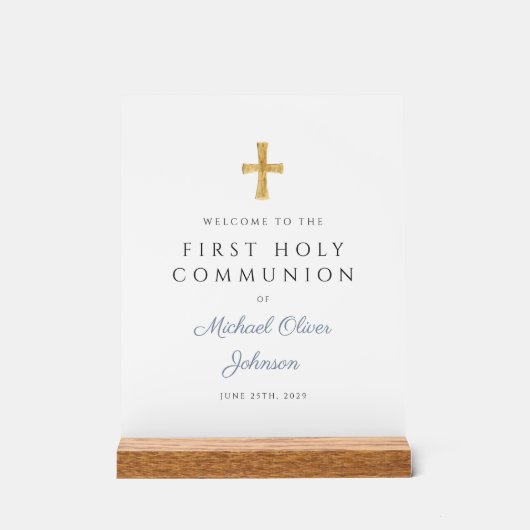 Blue Script Religious Boy First Communion Willkomm Acrylschild (Vorderseite)