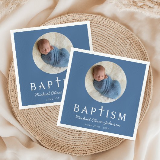 Blue Script Religious Cross Baptism Foto Serviette