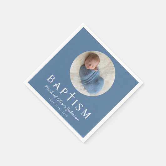 Blue Script Religious Cross Baptism Foto Serviette (Ecke)