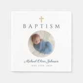 Blue Script Religious Cross Boy Baptism Foto Serviette (Vorderseite)