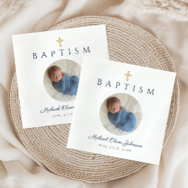 Blue Script Religious Cross Boy Baptism Foto Serviette