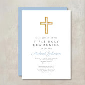 Blue Script Religious Cross Boy First Communion Einladung