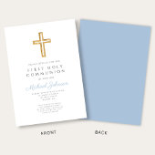 Blue Script Religious Cross Boy First Communion Einladung