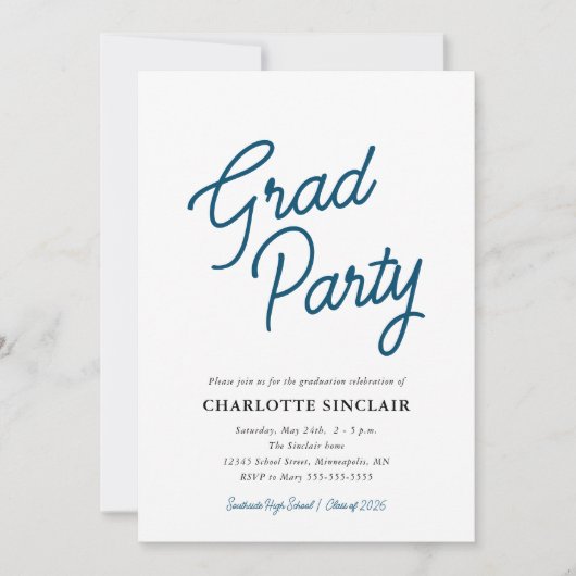 Blue Script Simple Budget Grad Party Einladung (Vorderseite)