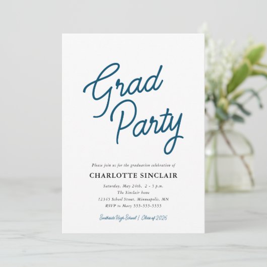 Blue Script Simple Budget Grad Party Einladung (Stehend Vorderseite)