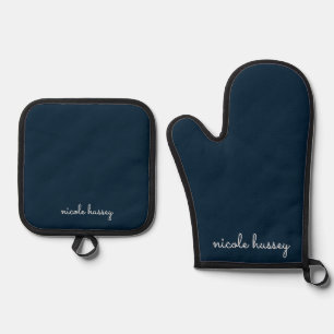 Blue Script Stilvolle Monogram Modern Ofenhandschuh & Topflappen-Set