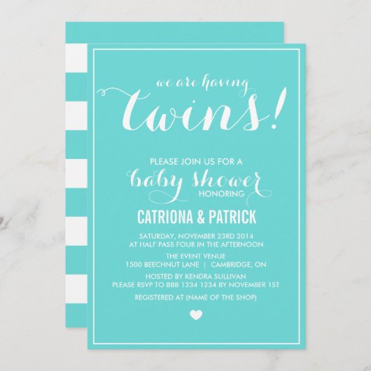 Blue Script Twins Baby Shower Einladung (Vorne/Hinten)