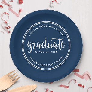 Blue Script und White Stripes Graduate Abschluss Pappteller