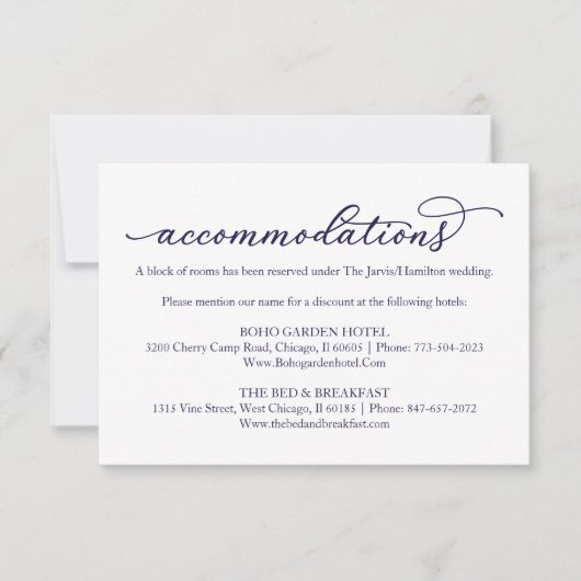 Blue Script Wedding Hotel Accommodation Card RSVP Karte (Vorderseite)