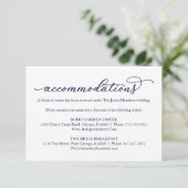 Blue Script Wedding Hotel Accommodation Card RSVP Karte (Stehend Vorderseite)
