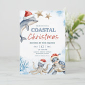 Blue Sea Animal Coastal Christmas Einladung (Stehend Vorderseite)
