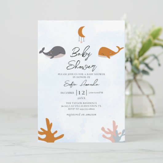 Blue Sea Boho Niedlich Whale Baby Dusche Einladung (Stehend Vorderseite)
