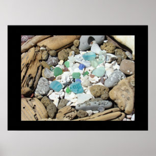 Blue Sea Glass Art druckt Seashells Driftwood Sea Poster