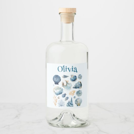 Blue Sea Shells Liquor Label | Custom Name Alkoholflaschenetikett (Vorderseite)