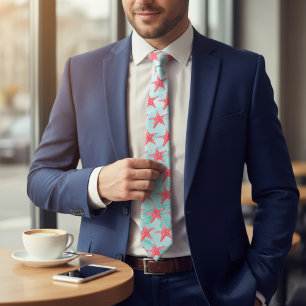 Blue Sea Star Fish Muster Neck Tie Krawatte