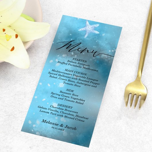 Blue Sea Summer Wedding Flat Menu Card Menükarte