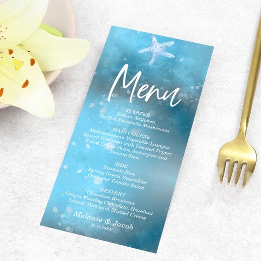 Blue Sea Summer Wedding Flat Menu Card Menükarte