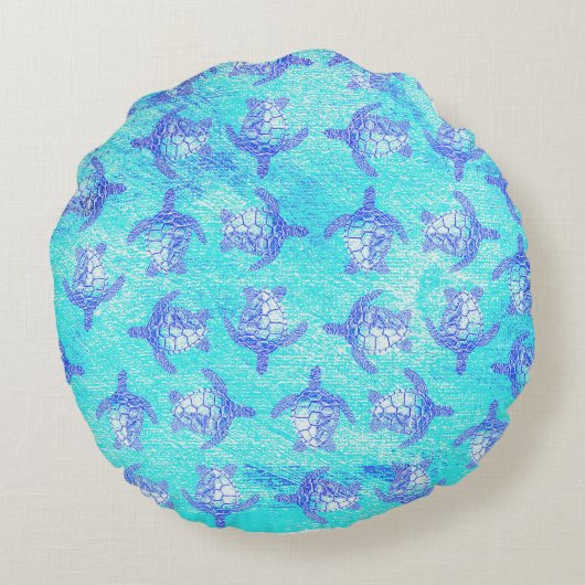 Blue Sea Turtle Print Rundes Kissen (Rückseite)