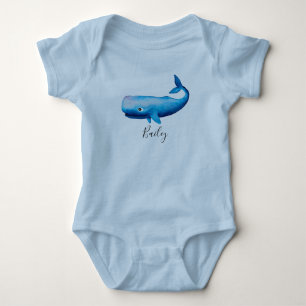 Blue Sea Watercolor Whale Beach mit Name Baby Strampler