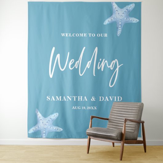 Blue Sea Wedding Welcome Sign Backdrop Wandteppich (Beispiel)