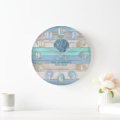 Blue Seashell and Beach Wood Nautical - Blue Aquam Große Wanduhr (Zuhause)