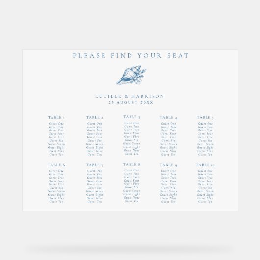 Blue Seashell Beach Wedding 10 Tables Sitzplan Acrylschild (Vorderseite)