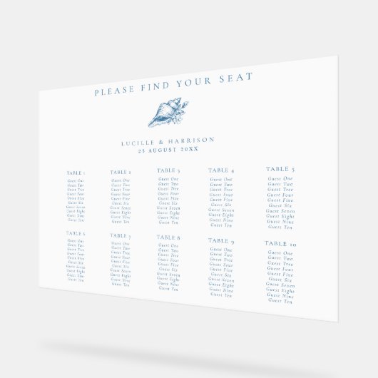 Blue Seashell Beach Wedding 10 Tables Sitzplan Acrylschild (Winkel)