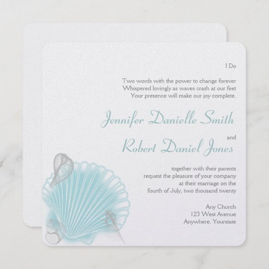 Blue Seashell Beach Wedding Einladung (Vorne/Hinten)