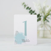 Blue Seashell Beach Wedding Tischnummer (Stehend Vorderseite)