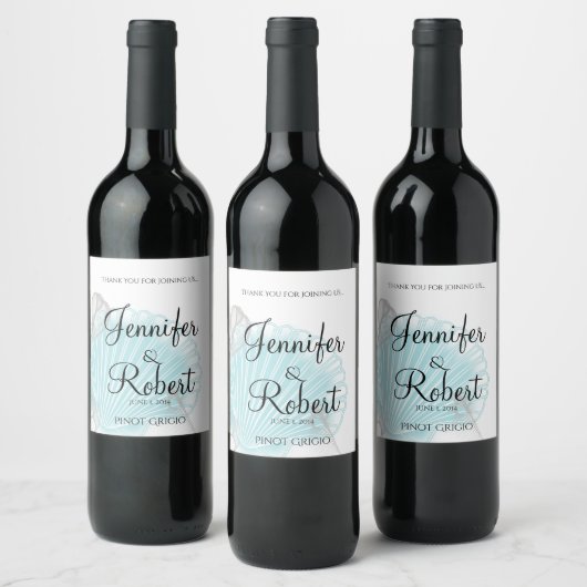 Blue Seashell Beach Wedding Wine Label Weinetikett (Flaschen)