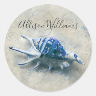 Blue Seashell Coastal Mit Monogramm Modernes Scrip Runder Aufkleber