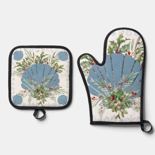 Blue Seashell Coastal Weihnachten Ofenhandschuh & Topflappen-Set (Vorderseite)