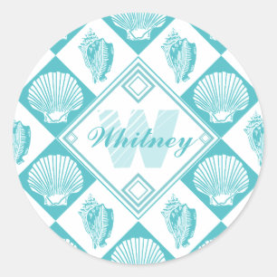 Blue Seashell Diamond Nautical Beach Monogram Runder Aufkleber