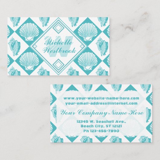 Blue Seashell Diamond Nautical Beach Monogram Visitenkarte (Vorne/Hinten)