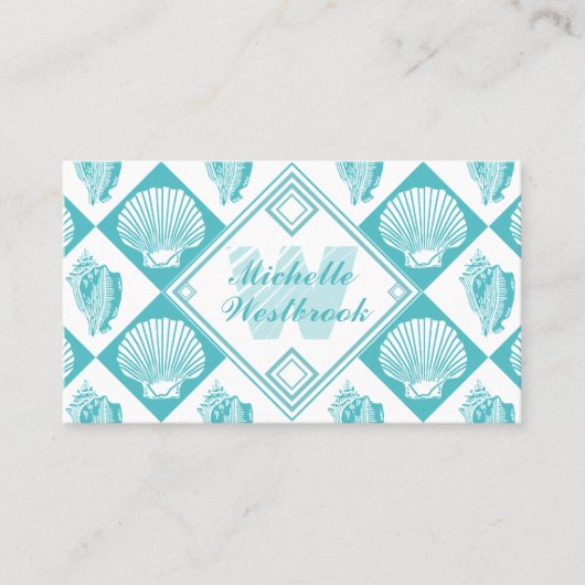 Blue Seashell Diamond Nautical Beach Monogram Visitenkarte (Vorderseite)
