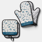 Blue Seashell Muster Ofenhandschuh & Topflappen-Set (Vorderseite/Rückseite)