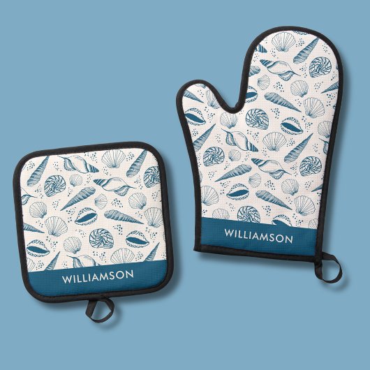 Blue Seashell Muster Ofenhandschuh & Topflappen-Set