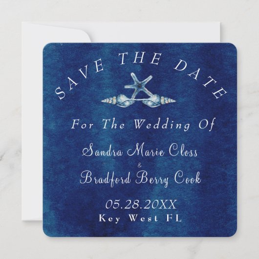 Blue Seashell Navy Blue Watercolor Wedding Save The Date (Vorderseite)