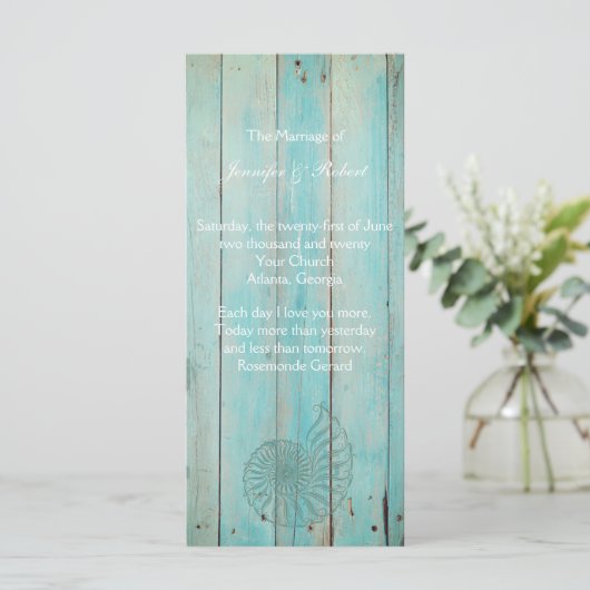 Blue Seashell on Wood Beach Wedding Program Programm (Stehend Vorderseite)