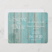 Blue Seashell on Wood Beach Wedding Save the Date (Vorne/Hinten)