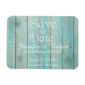 Blue Seashell on Wood Beach Wedding Save the Date Magnet (Horizontal)