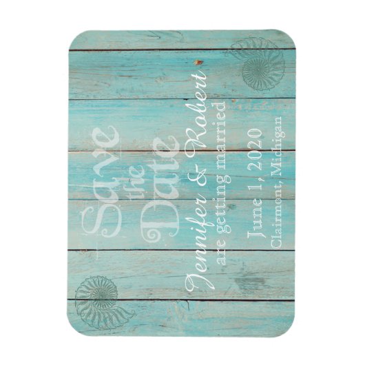 Blue Seashell on Wood Beach Wedding Save the Date Magnet (Vertikal)