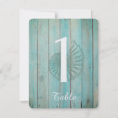 Blue Seashell on Wood Beach Wedding Tischnummer (Vorderseite)