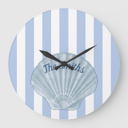 Blue Seashell & Stripes Große Wanduhr (Vorderseite)