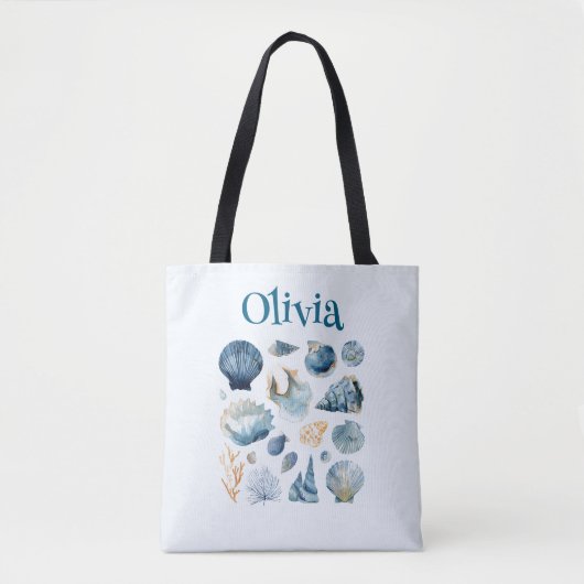 Blue Seashell Tote Bag – Custom Name Tasche (Vorderseite)