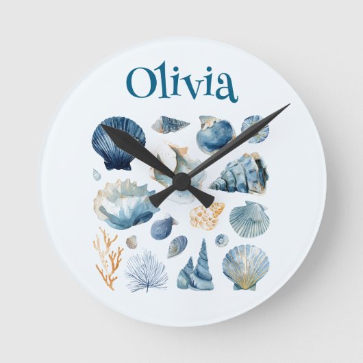 Blue Seashell Wall Clock | Custom Name Runde Wanduhr (Vorderseite)
