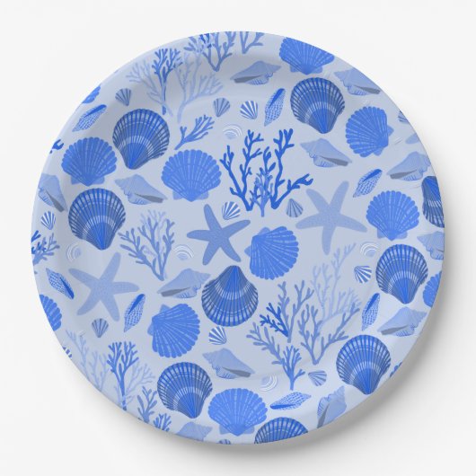 Blue Seashells and Coral Pattern Beach Pappteller (Vorderseite)
