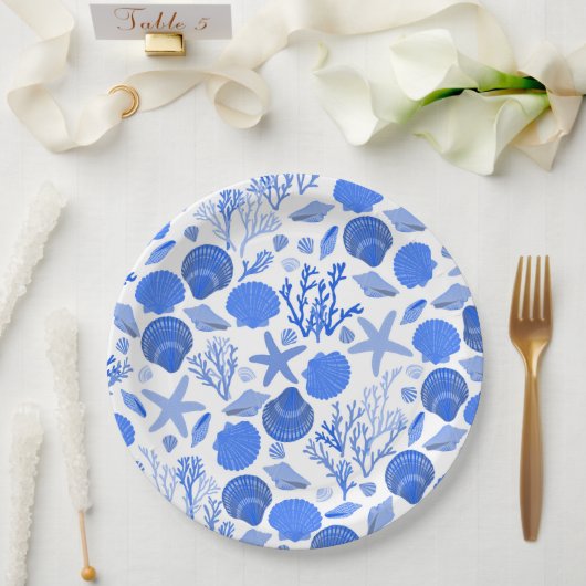 Blue Seashells and Coral Pattern Beach Pappteller (Hochzeit)