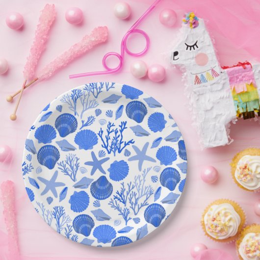 Blue Seashells and Coral Pattern Beach Pappteller (Party)